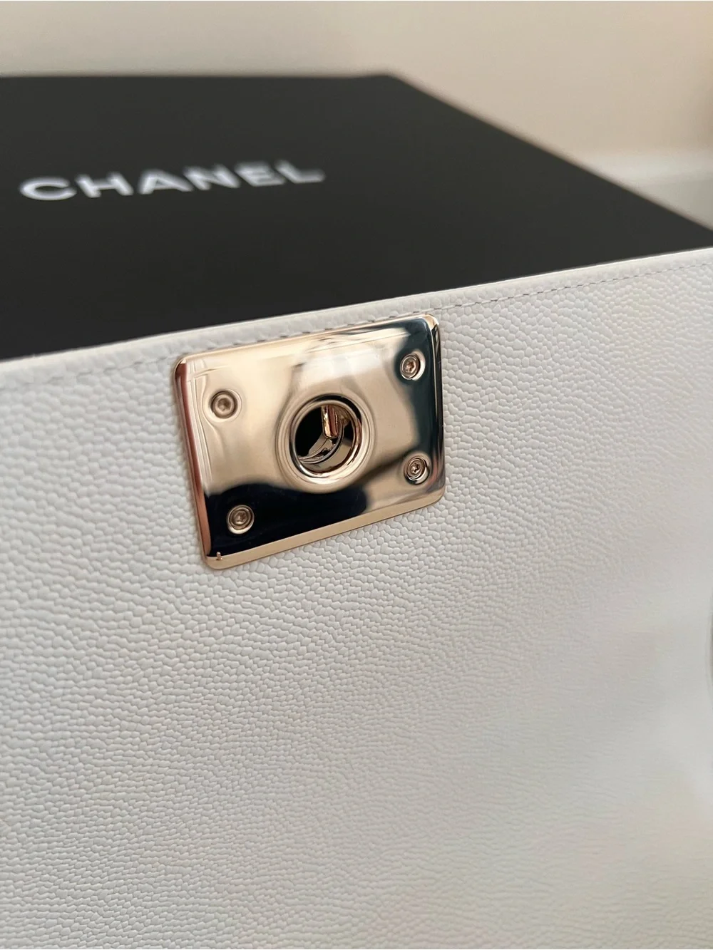 Chanel Caviar White Medium Boy Bag with Champagne Gold Hardware